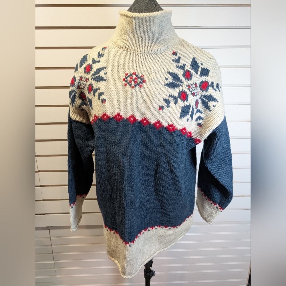 Vintage Eddie Bauer Oversize Sweater Snowflake Wool Nordic Fair Isle S/P  EUC